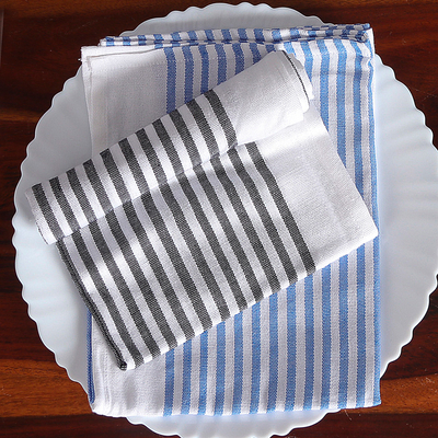 Paños de cocina de algodón (juego de algodón 2) - Juego de 2 toallas de cocina de cocina a rayas negras y azules tejidas a mano