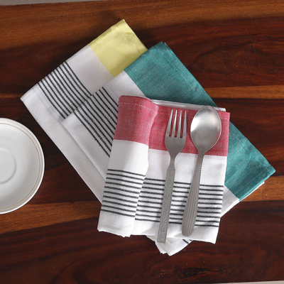 Cotton dish towels, 'Stripes of Elegance' (set of 3) - Set of 3 Teal, Red and Yellow Striped Cotton Dish Towels