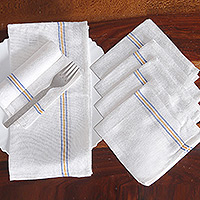 Servilletas de algodón, 'Glorious Table' (juego de 6) - Juego de 6 servilletas tejidas de algodón blanco con rayas amarillas y azules