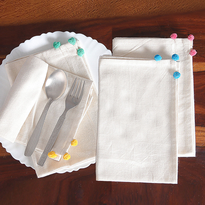 Cotton napkins, 'Bubble Meals' (set of 4) - Set of 4 Handwoven Cotton Napkins with colourful Fabric Beads
