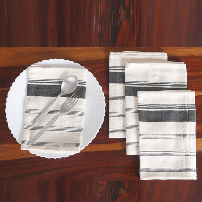 Cotton napkins, 'Midnight Meals' (set of 4) - Set of 4 Handwoven Black and White Striped Cotton Napkins