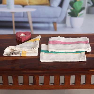 Cotton dish towels, 'Stripes of Grace' (set of 3) - Set of 3 Yellow, Pink and Teal Striped Cotton Dish Towels