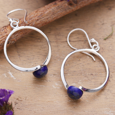 Lapis lazuli dangle earrings, 'True Moon' - Minimalist Round Dangle Earrings with Lapis Lazuli Cabochons