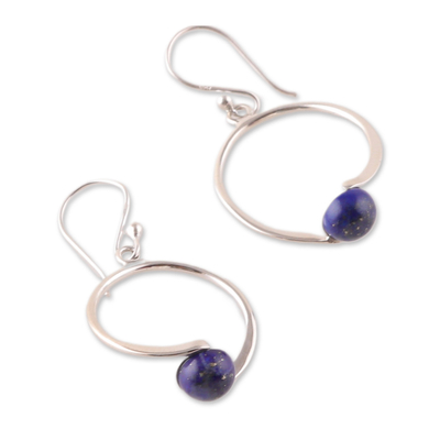 Lapis lazuli dangle earrings, 'True Moon' - Minimalist Round Dangle Earrings with Lapis Lazuli Cabochons