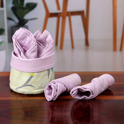 Cotton napkins and basket, 'Gentle Purple' (set of 6) - Set of 6 Purple Cotton Napkins with Leafy Green Basket