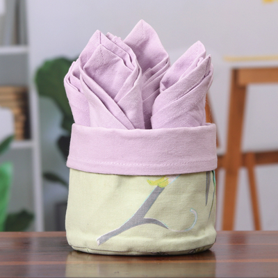 Cotton napkins and basket, 'Gentle Purple' (set of 6) - Set of 6 Purple Cotton Napkins with Leafy Green Basket