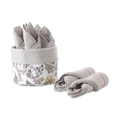 Cotton napkins and basket, 'Gentle Grey' (set of 6) - Set of 6 Grey Cotton Napkins with Floral White Basket