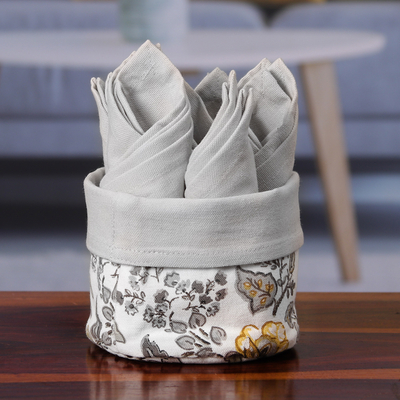 Cotton napkins and basket, 'Gentle Grey' (set of 6) - Set of 6 Grey Cotton Napkins with Floral White Basket