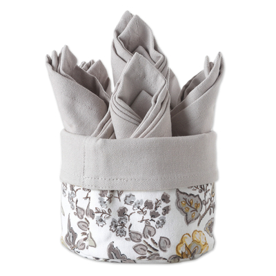 Servilletas de tela y cesta (juego algodón de 6) - Juego de 6 servilletas de gris con cesta floral blanca