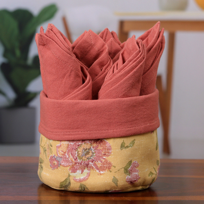 Cotton napkins and basket, 'Gentle Strawberry' (set of 6) - Set of 6 Red Cotton Napkins with Floral Yellow Basket