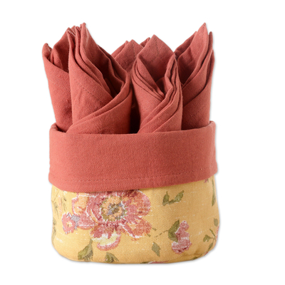 Cotton napkins and basket, 'Gentle Strawberry' (set of 6) - Set of 6 Red Cotton Napkins with Floral Yellow Basket