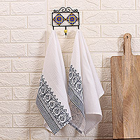 Toallas de cocina de algodón, 'Architectural Glory' (par) - 2 toallas de cocina de algodón con diseños impresos en bloques de mano azules