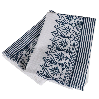 Cotton dish towels, 'Architectural Glory' (pair) - 2 Cotton Dish Towels with Blue Hand-Block Printed Designs