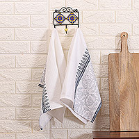Cotton dish towels, 'Garden Delight' (pair) - 2 Hand-Block Printed Floral and Leaf Cotton Dish Towels
