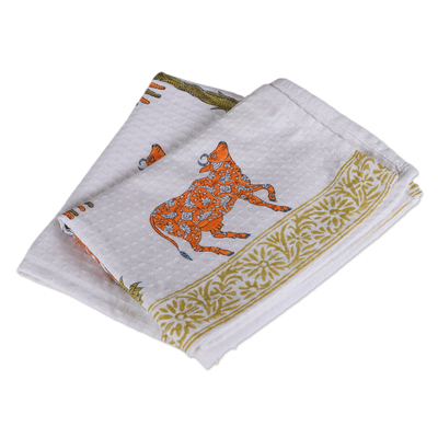 Cotton dish towels, 'Icons of India' (pair) - 2 Hand-Block Printed Cow and Banana Tree Cotton Dish Towels