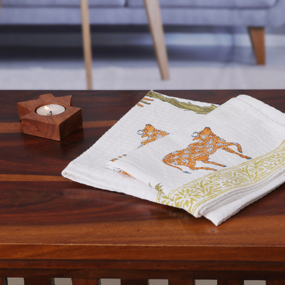 Cotton dish towels, 'Icons of India' (pair) - 2 Hand-Block Printed Cow and Banana Tree Cotton Dish Towels