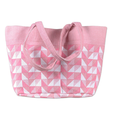 Bolso tote de algodón - Bolso tote de algodón serigrafiado con temática geométrica rosa y blanco