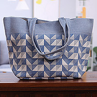 Cotton tote bag, 'Blue Geometry' - Blue & White Screen-Printed Geometric Themed Cotton Tote Bag