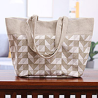 Bolsa de algodón, 'Beige Geometry' - Bolsa de algodón geométrica serigrafiada en beige y blanco