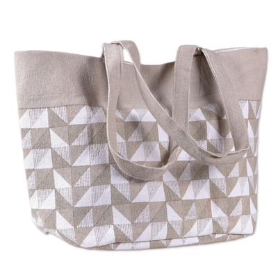 Cotton tote bag, 'Beige Geometry' - Beige and White Screen-Printed Geometric Cotton Tote Bag