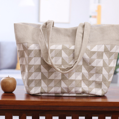 Cotton tote bag, 'Beige Geometry' - Beige and White Screen-Printed Geometric Cotton Tote Bag