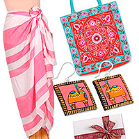 Curated gift set, 'Precious Pink' - Curated Gift Set with Pink Sarong Earrings and Shoulder Bag