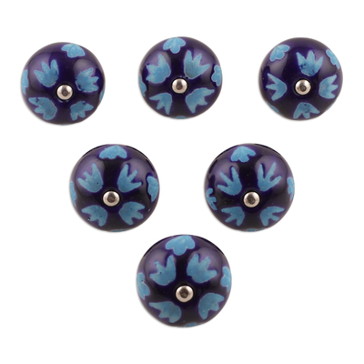 Ceramic knobs, 'Midnight Foliage' (set of 6) - Set of Six Hand-Painted Leafy Round Blue Ceramic Knobs