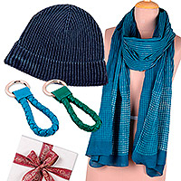 Curated gift set, 'Man in Blue' - 2 Leather Keychains Cotton Shawl & Knit Hat Curated Gift Set