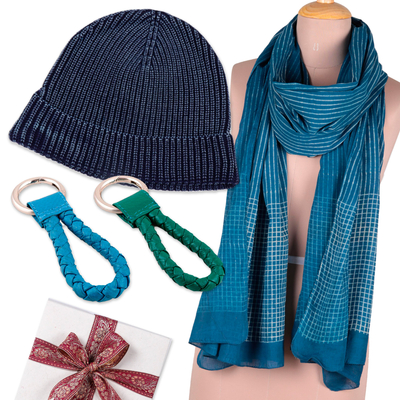 Curated gift set, 'Man in Blue' - 2 Leather Keychains Cotton Shawl & Knit Hat Curated Gift Set