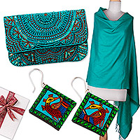 Curated gift set, 'Trendy Turquoise' - Curated Gift Set with Turquoise Shawl Clutch and Earrings