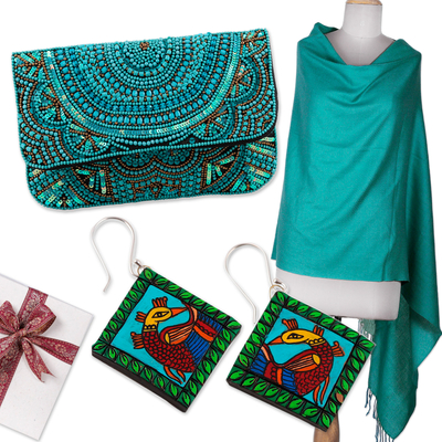 Set de regalo seleccionado - Set de regalo seleccionado con cartera de mano tipo chal y pendientes en color turquesa