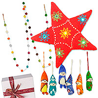 Curated gift set, 'A Very Woolly Christmas' - Wool Felt Tree Topper Garland & 6 Ornaments Curated Gift Set