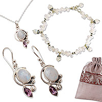 Curated gift set, 'Twilight Mirage' - Rainbow Moonstone Earrings Necklace Anklet Curated Gift Set