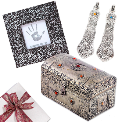 Curated gift set, 'Antique Splendor' - Jewelry Box Photo Frame 2 Incense Holders Curated Gift Set
