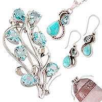 Curated gift set, 'Blissful Blue' - Necklace Earrings and Brooch Pin Curated Gift Set from India