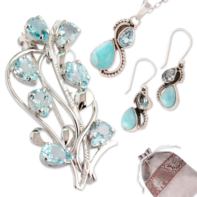 Kuratiertes Geschenkset „Blissful Blue“ – Kuratiertes Geschenkset mit Halskette, Ohrringen und Broschennadel aus Indien