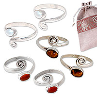 Curated gift set, 'At your Feet' - 6 Pearl Carnelian and Tiger's Eye Toe Rings Curated Gift Set