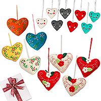 Curated gift set, 'Forever Hearts' - 16 Piece Heart-Shaped Wool Felt Ornament Curated Gift Set