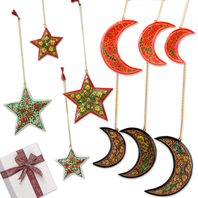 Curated gift set, 'Moon and Stars' - 10 Hand-Painted Wood Moon & Star Ornaments Curated Gift Set