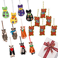 Set de regalo seleccionado, 'Cat's Meow' - Set de regalo seleccionado con 16 adornos de gato bordados a mano