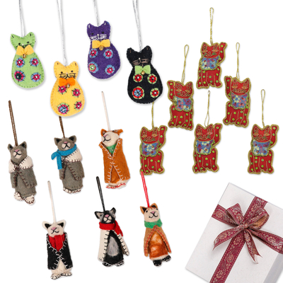 Set de regalo seleccionado - Set de regalo seleccionado con 16 adornos de gatos bordados a mano