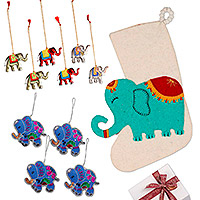 Set de regalo seleccionado, 'Elephant Cheer' - Set de regalo seleccionado con 10 adornos de elefante y calcetín navideño