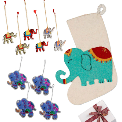 Curated gift set, 'Elephant Cheer' - 10 Elephant Ornaments & Christmas Stocking Curated Gift Set