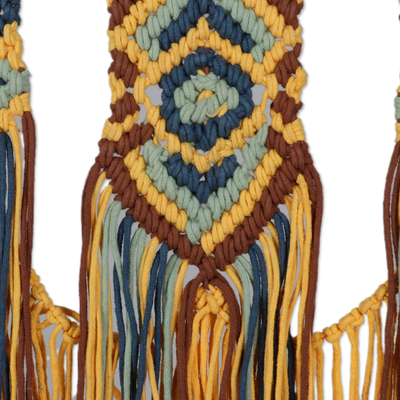 Wandbehang aus Baumwolle, „Sommerwasserfall“ – handgewebter Wandbehang aus gelber und blauer Baumwolle aus Indien