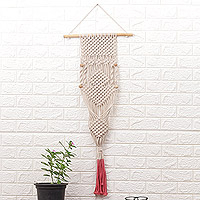 Cotton hanging planter, 'Fire Threads' - Handwoven Beige and Red Cotton Hanging Planter from India