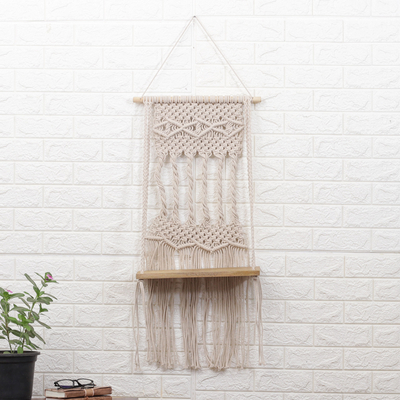 Cotton macrame hanging shelf, 'Serene Twists' - Woven Beige Cotton Macrame Hanging Shelf with Wood Accents