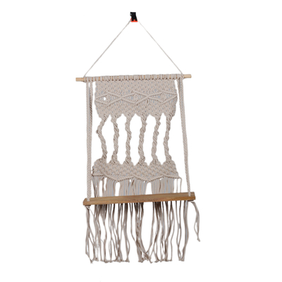 Cotton macrame hanging shelf, 'Serene Twists' - Woven Beige Cotton Macrame Hanging Shelf with Wood Accents
