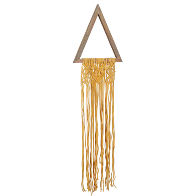 Cotton wall hanging, 'Triangle of Success' - Handwoven Triangle Yellow Macrame Cotton Wall Hanging