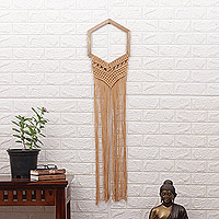 Colgante de pared de algodón, 'Conexión armoniosa' - Colgante de pared de algodón hexagonal tejido a mano en tonos marrones