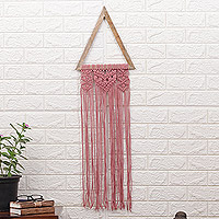 Tapiz de pared de algodón - Colgante de pared de algodón macramé rosa triángulo tejido a mano